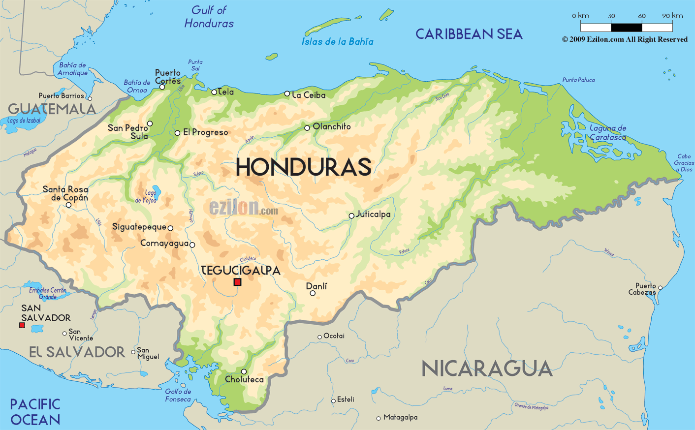 honduras physikalisch karte